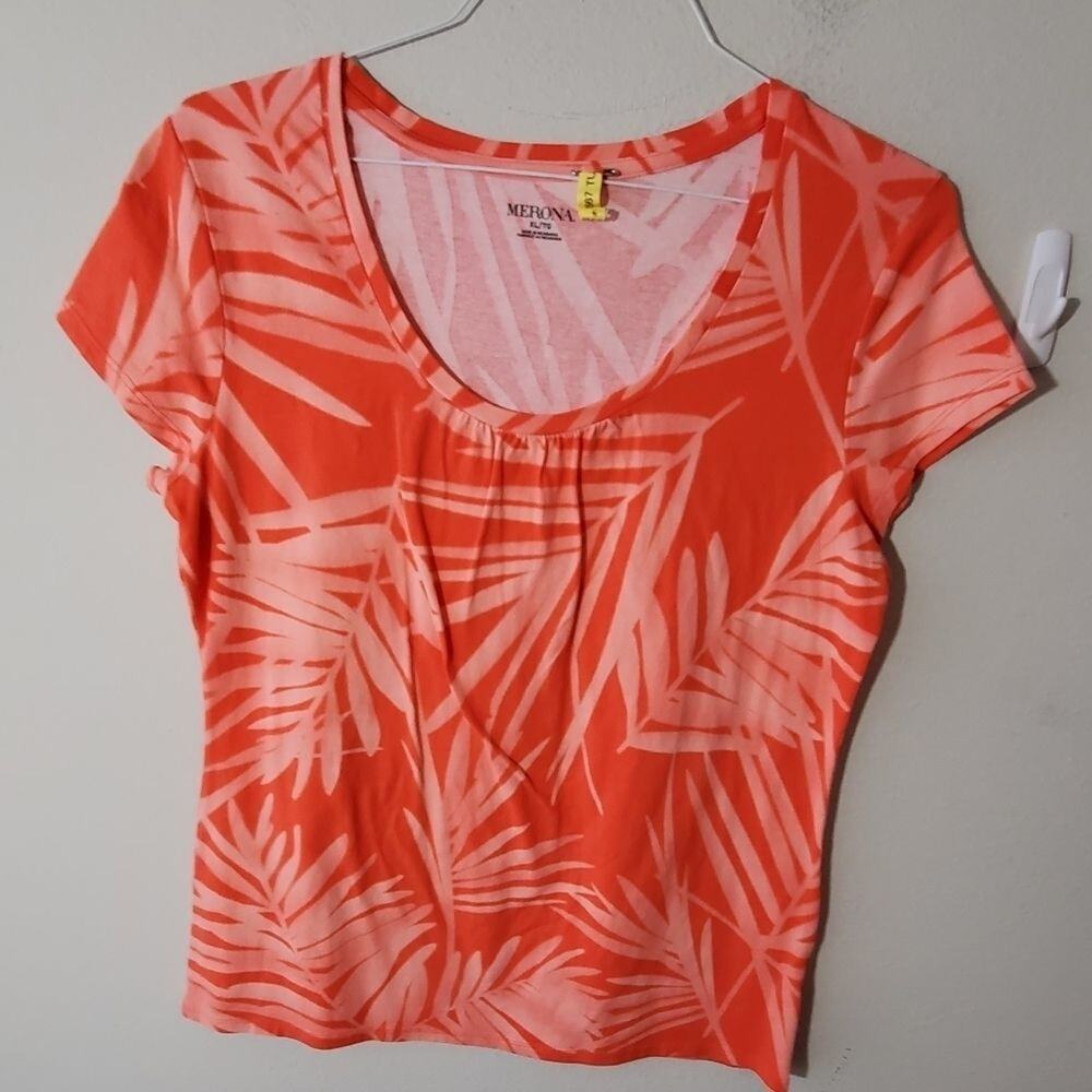 MERONA tropical print floral coral t shirt size XL